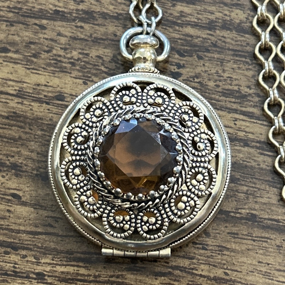 Vintage AVON Gold Tone Filigree Locket Necklace Large Amber Crystal Pendant